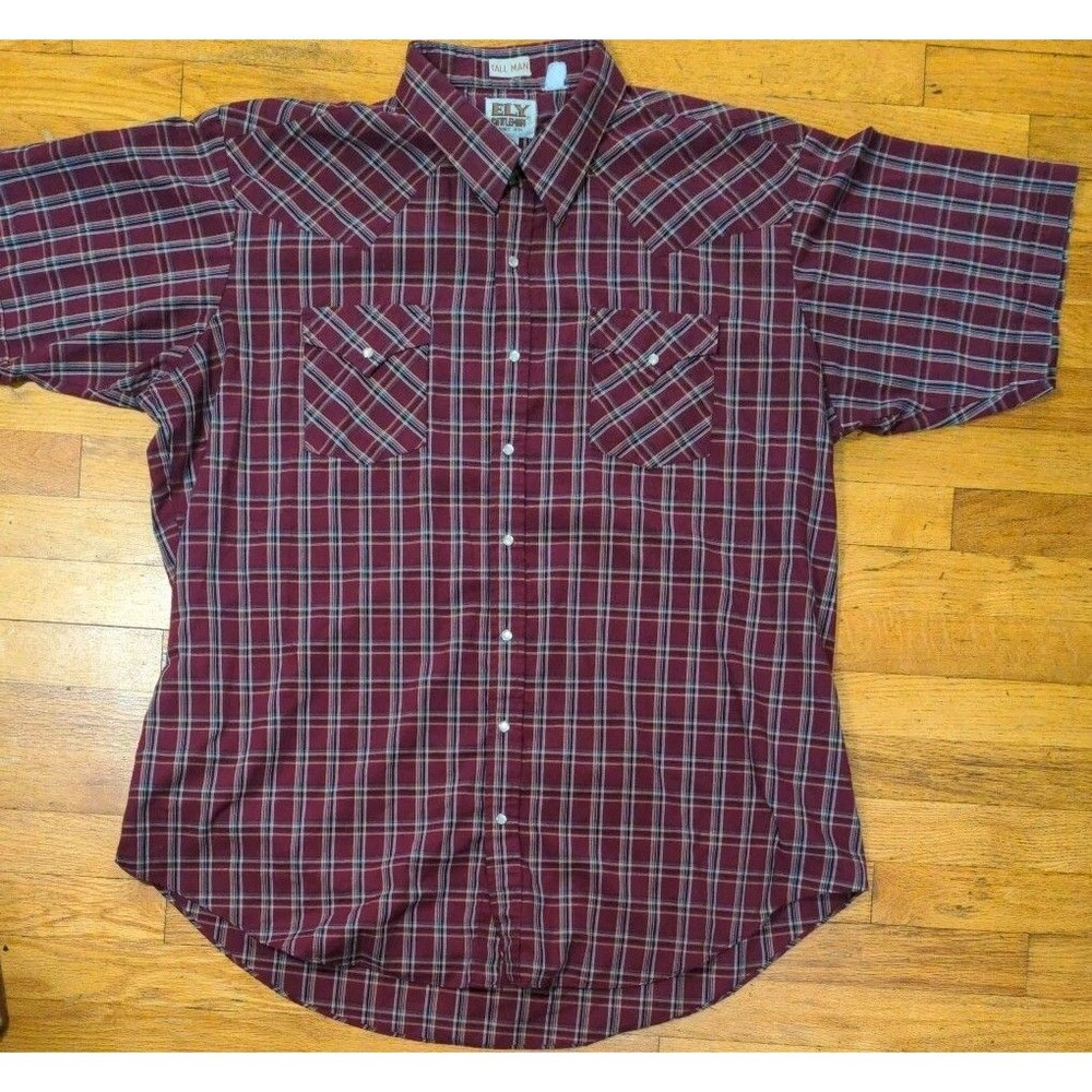 Vintage Ely Cattleman Mens Pearl Snap Shirt 2XL Tall Plaid Ltwt Western Red EUC
